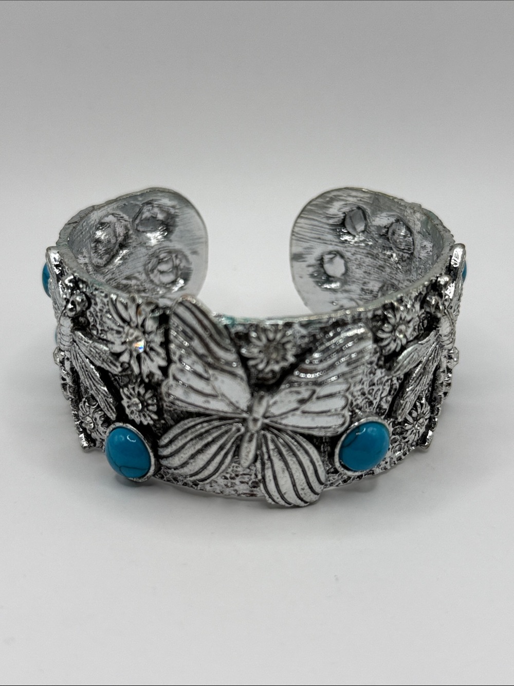 Vintage Novadab Silver Tone Butterfly Turquoise Blue Large Cuff Bangle Bracelet